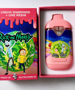 Rick and Morty Disposable Vape 2G display box with colorful dual-flavor disposable vapes.