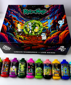 Rick and Morty Disposable Vape 2G display box with colorful dual-flavor disposable vapes.