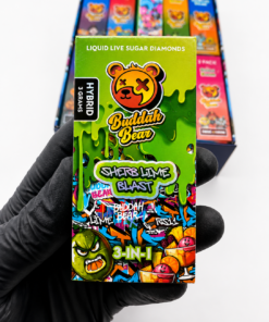 Buddah Bear disposable vape with green device and two gummies