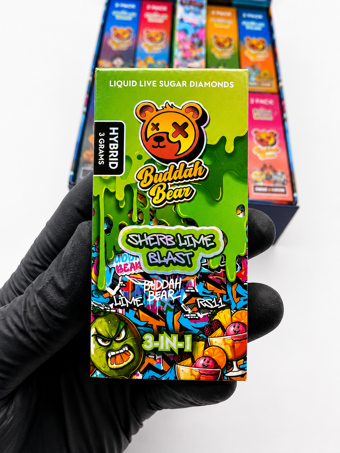 Buddah Bear disposable vape with green device and two gummies