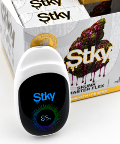 Stky Disposable white vape device with Skunk Master Flex packaging