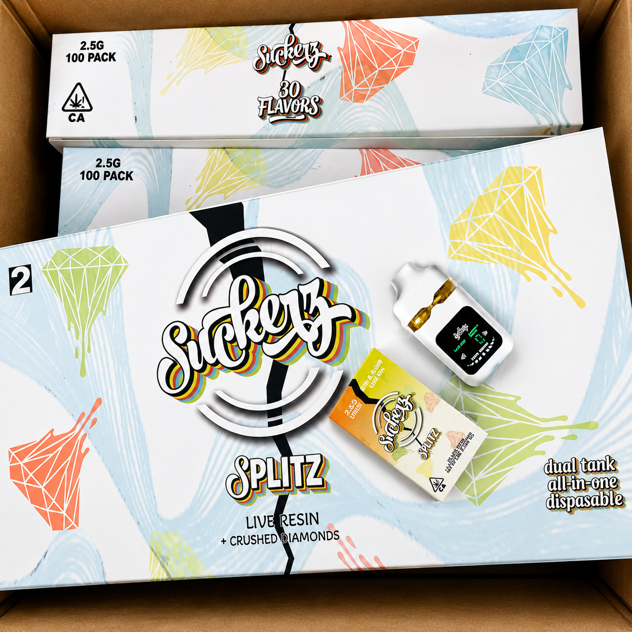 Suckerz Splitz Dual Tank 2.5G Disposable with device and retail packaging