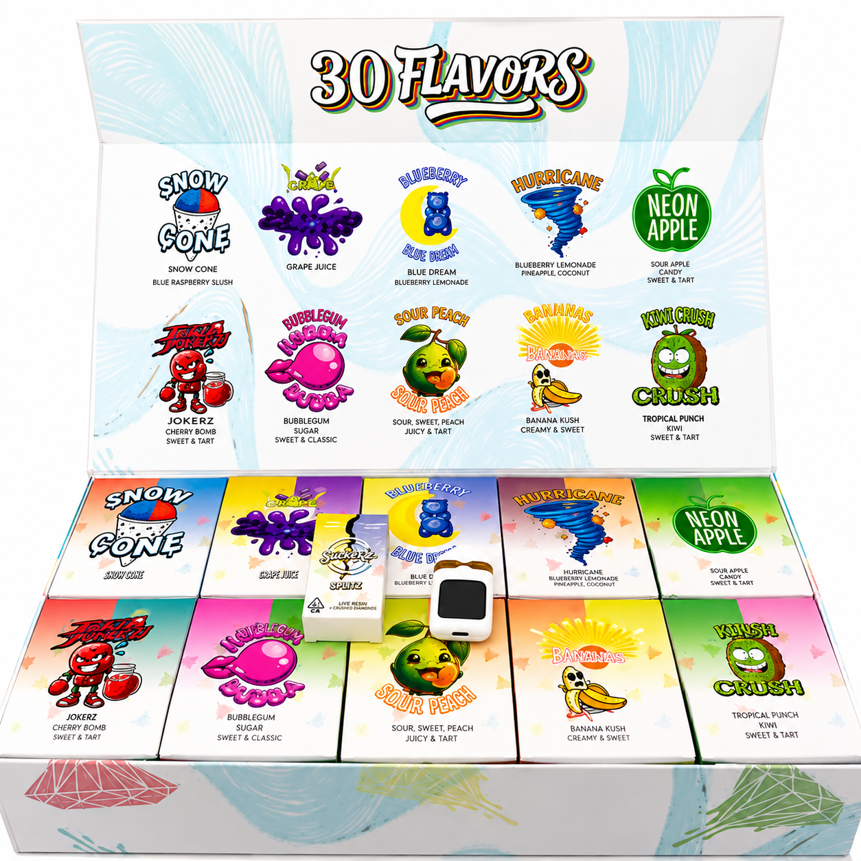 Suckerz Splitz 2.5G disposable dual tank device and flavor packaging
