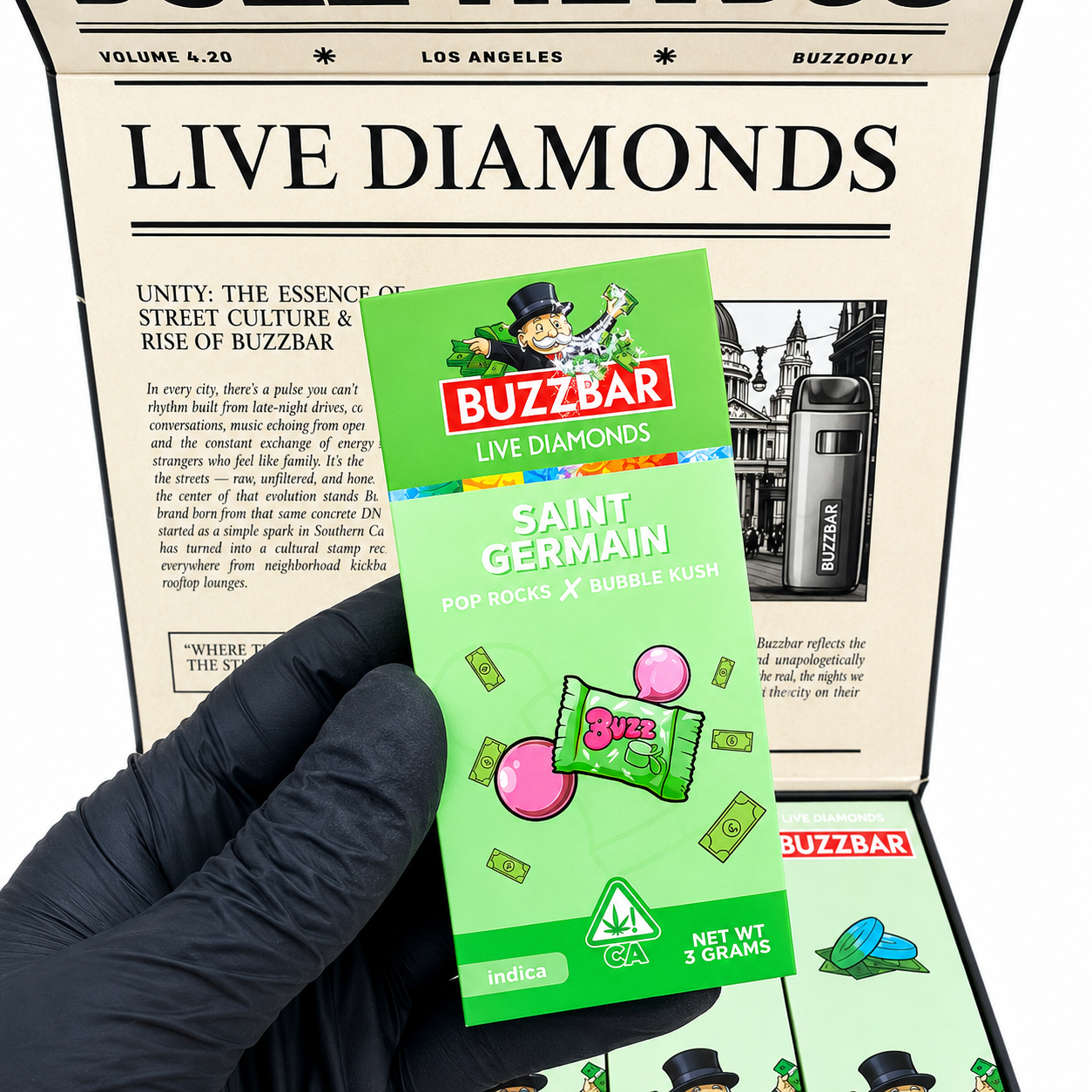 Buzz Bar Disposable Live Diamonds flavor collection displayed in Buzz News retail packaging.
