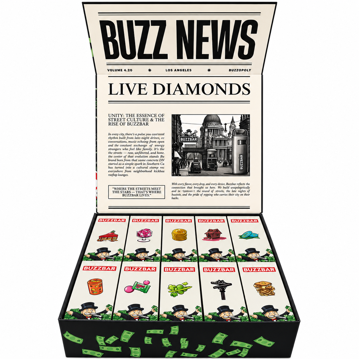 Buzz Bar Disposable Live Diamonds flavor collection displayed in Buzz News retail packaging.