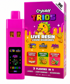 Crybaby Trios 3 in 1 3G Disposable with pink device and colorful Live Resin Liquid Diamonds packaging