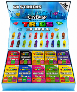 Crybaby Trios 3 in 1 3G Disposable variety display with multiple colorful flavor boxes
