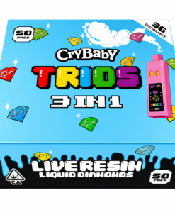 Crybaby Trios 3 in 1 3G Disposable 50 pack box with Live Resin Liquid Diamonds branding