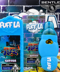 Puff LA Disposable 2G Liquid Diamonds vape with Sour Razz Blue Slushy x Berry Kush Sativa packaging.