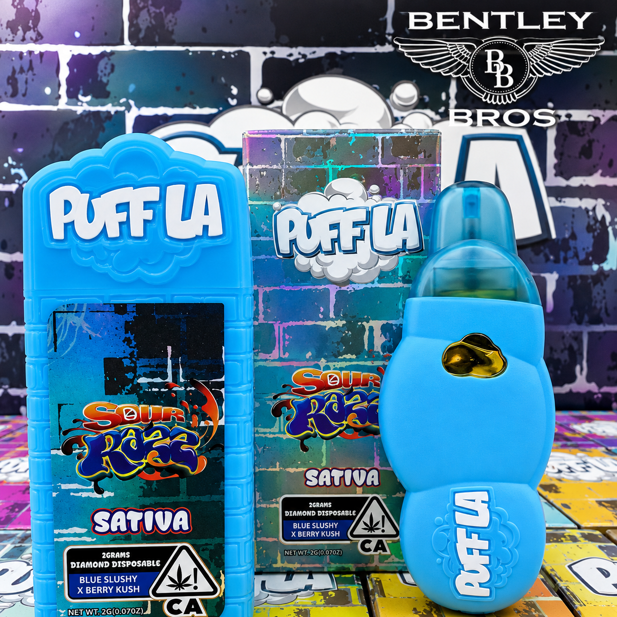 Puff LA Disposable 2G Liquid Diamonds vape with Sour Razz Blue Slushy x Berry Kush Sativa packaging.