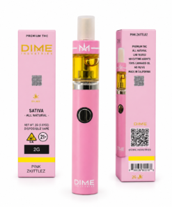 Dime 2G Disposable vape in Pink Rose packaging with pink device and visible oil chamber.