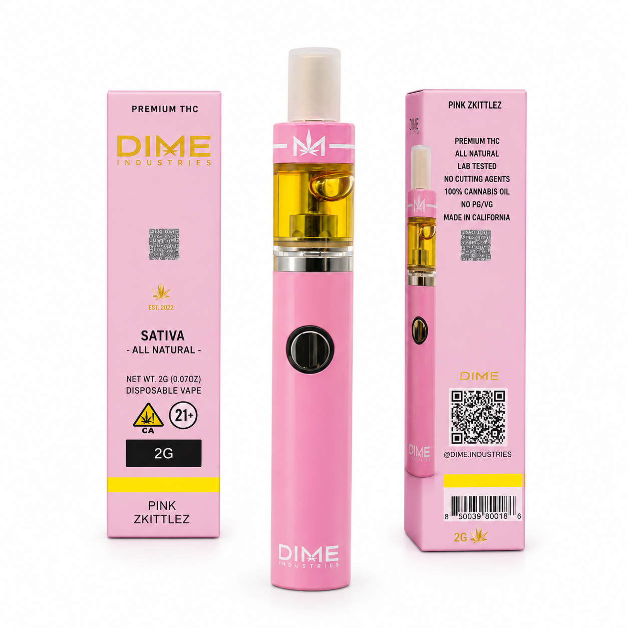 Dime 2G Disposable vape in Pink Rose packaging with pink device and visible oil chamber.