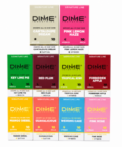Dime 2G Disposable flavor lineup with colorful Signature Line boxes including Pink Rose and Wedding Cake.
