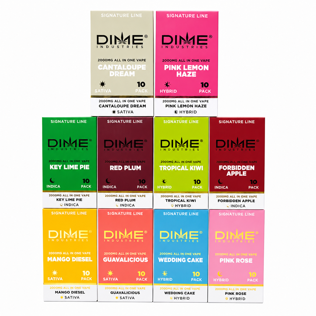 Dime 2G Disposable flavor lineup with colorful Signature Line boxes including Pink Rose and Wedding Cake.
