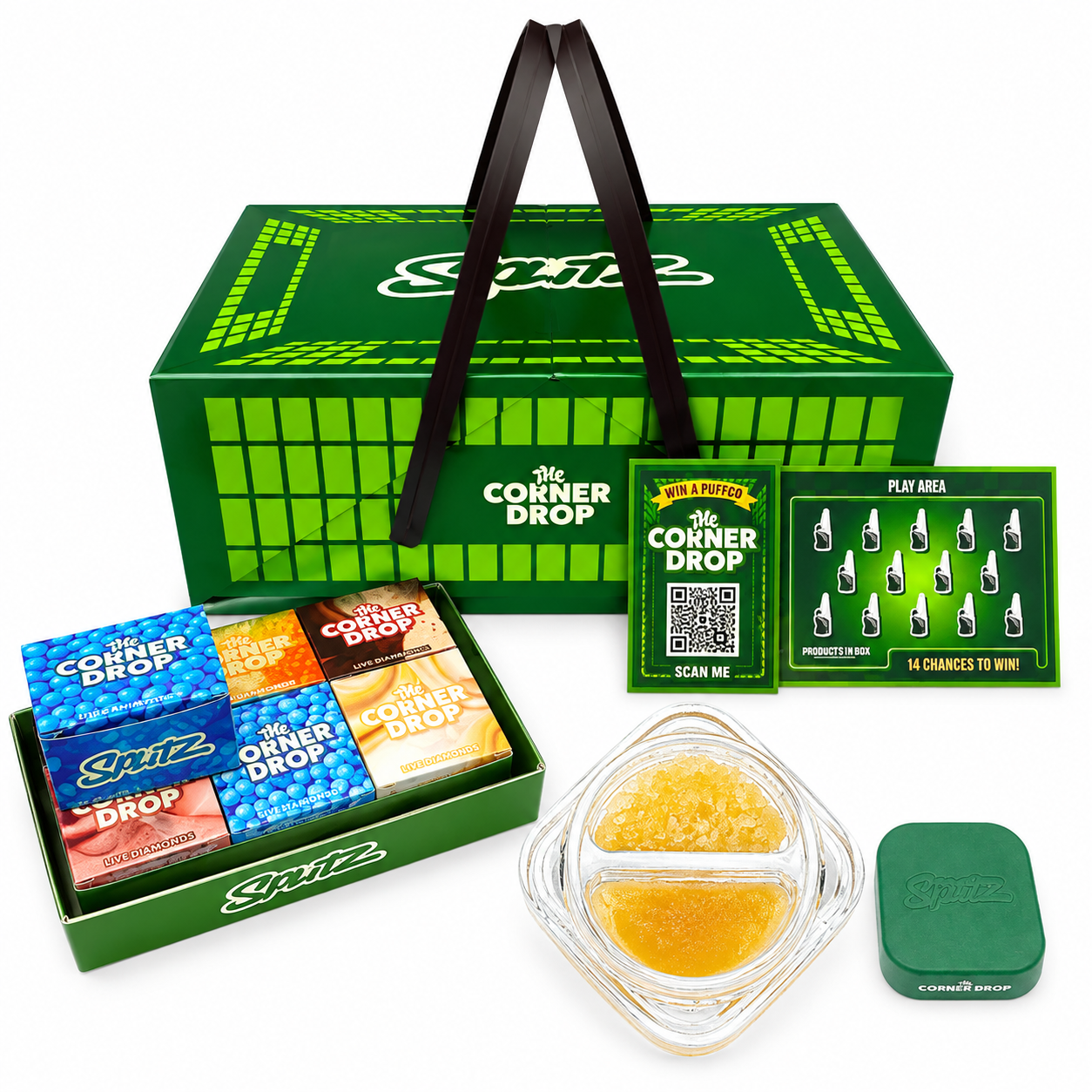 Splitz Wax Corner Drop Edition concentrate jar with dual-texture wax and branded green Corner Drop packaging