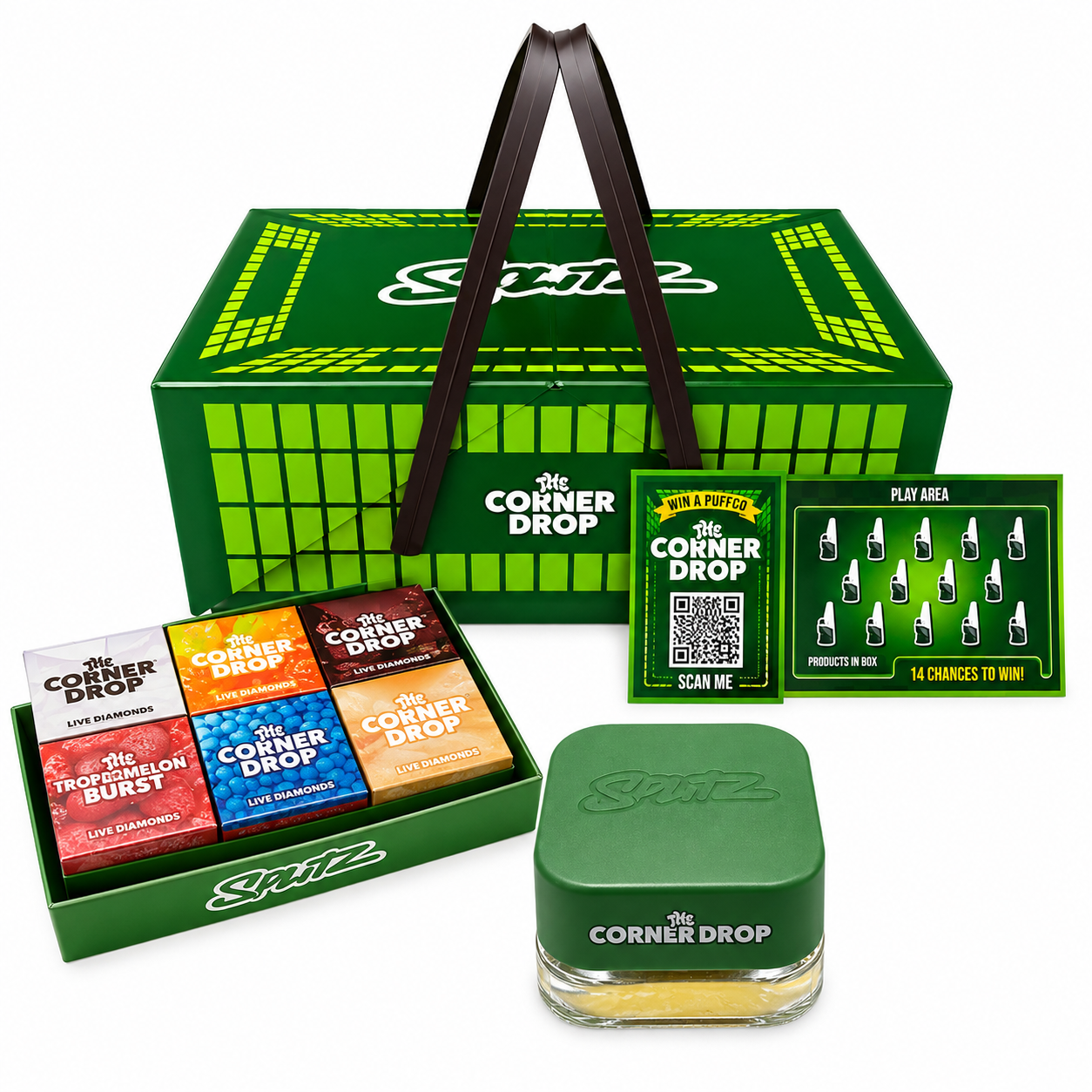 Splitz Wax Corner Drop Edition jar with green lid and Corner Drop gift-style packaging.