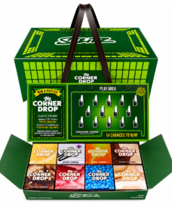 Splitz Wax Corner Drop Edition collection with colorful concentrate boxes, green display case, and promotional card.