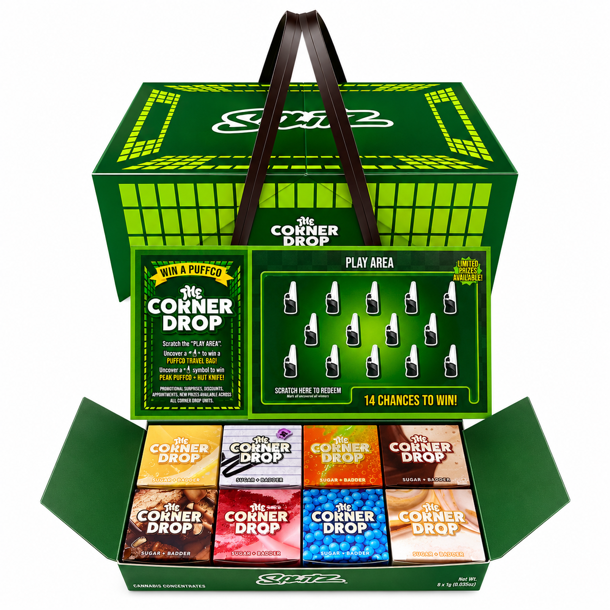 Splitz Wax Corner Drop Edition collection with colorful concentrate boxes, green display case, and promotional card.