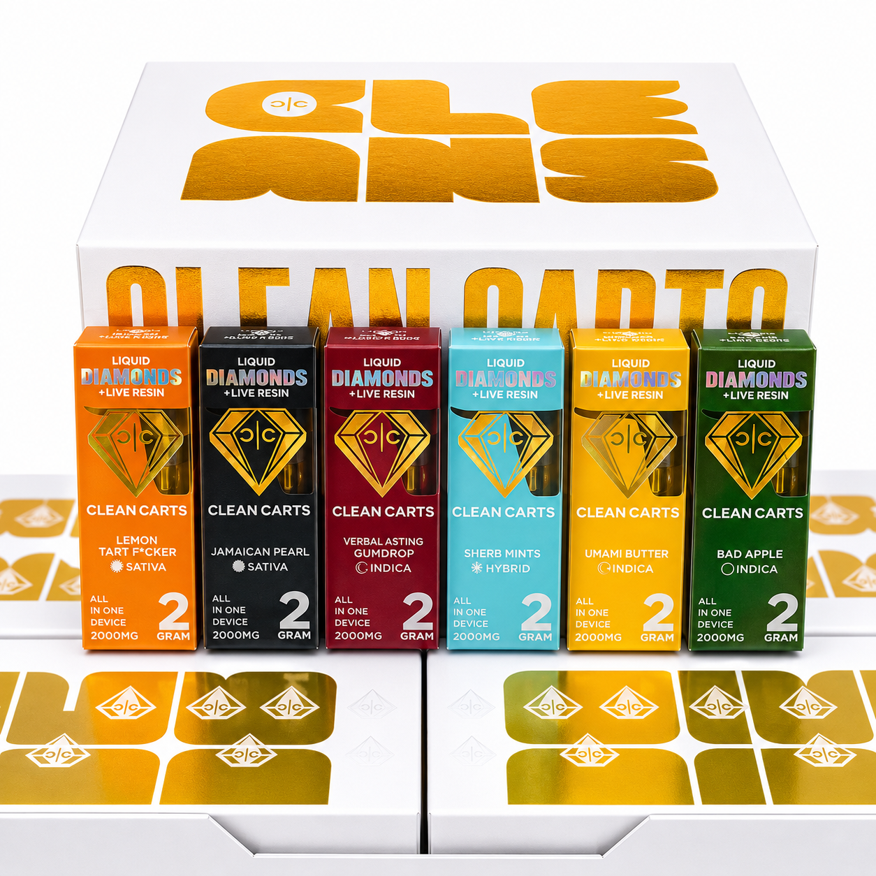 Clean Carts Disposable 2G flavor selection with colorful vape devices and boxes