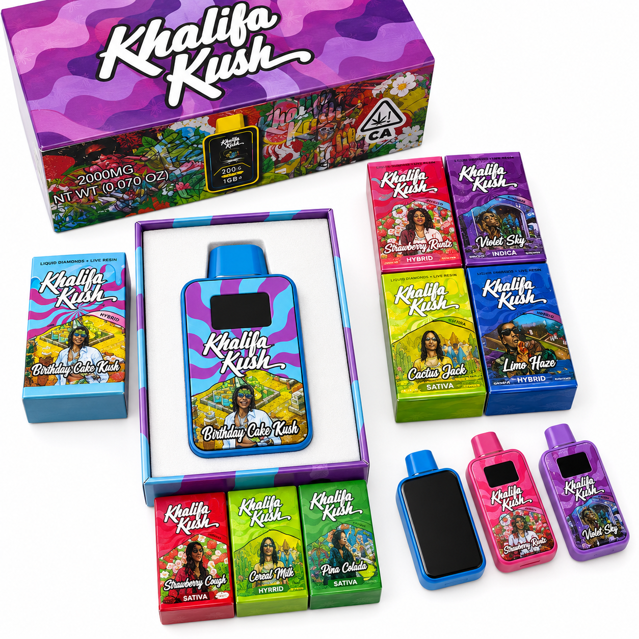 Khalifa Kush 2G disposable collection with multiple flavors and colorful packaging