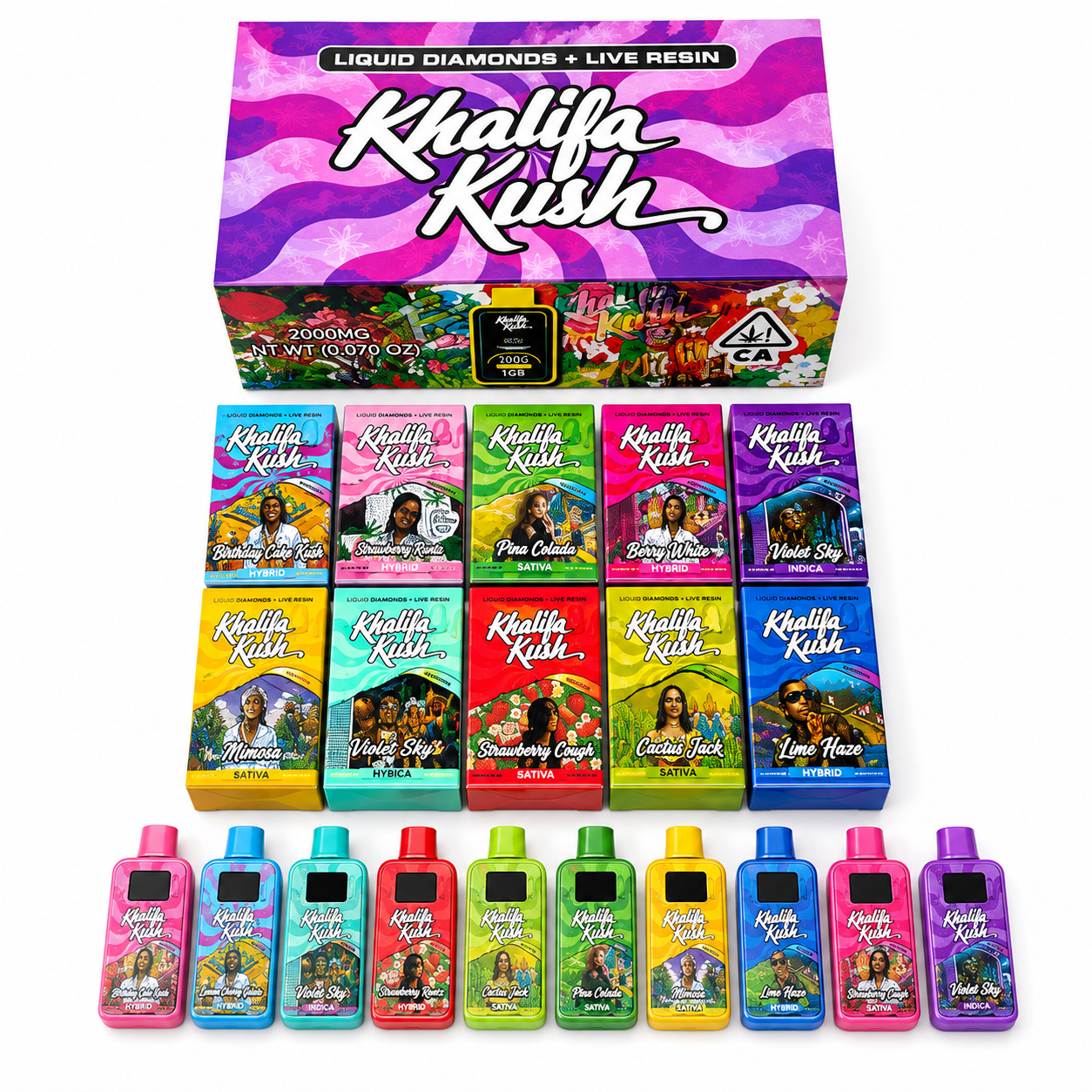 Khalifa Kush 2G disposable vapes with Liquid Diamonds and Live Resin packaging