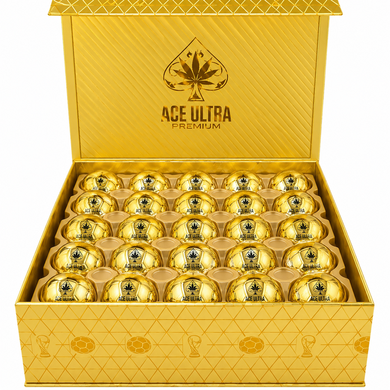 Ace Ultra 2G Disposable World Cup Edition gold display box with multiple football containers