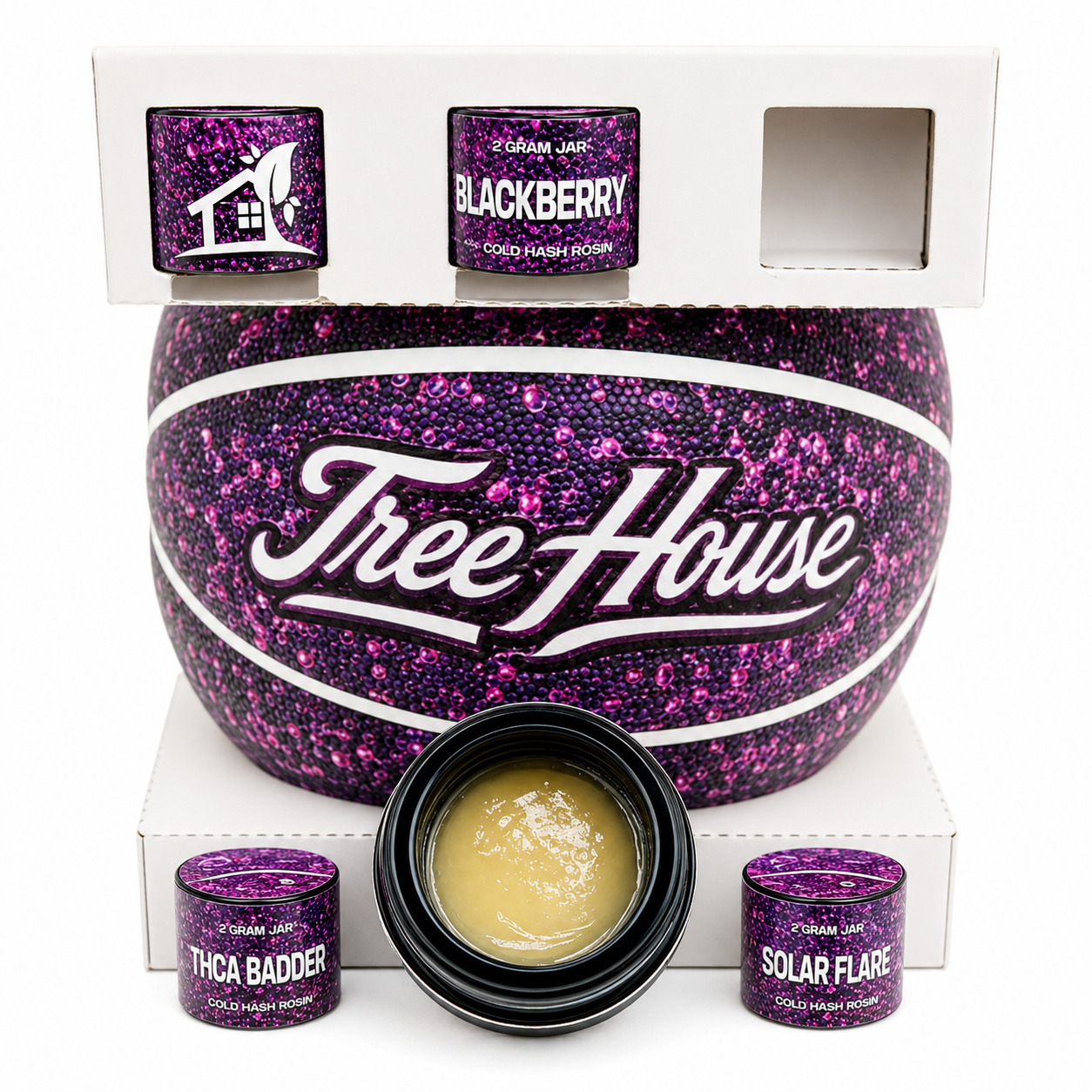 Hash House Hash Madness concentrate collection with purple branded jars and display packaging