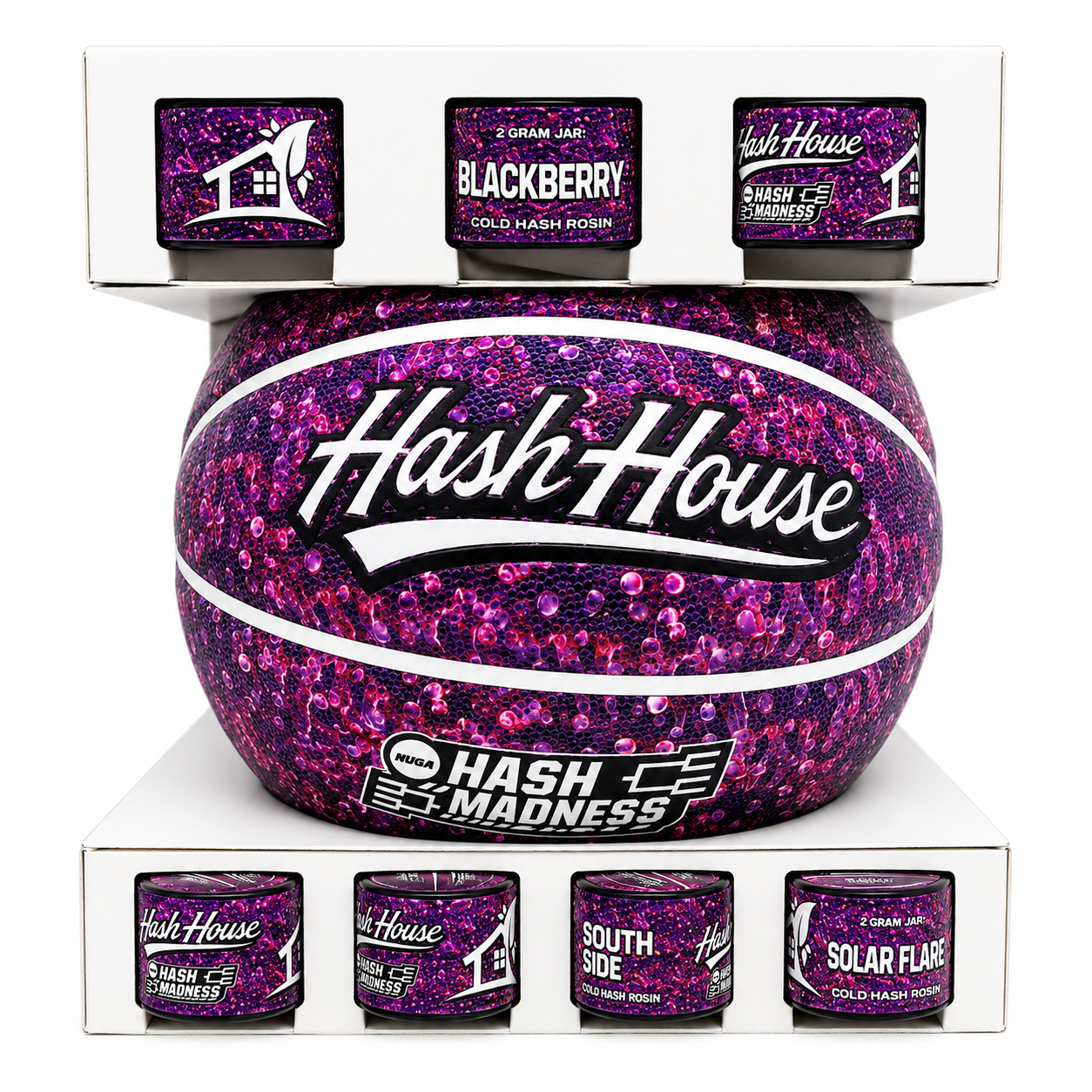 Hash House Hash Madness purple concentrate jars with South Side and Solar Flare varieties