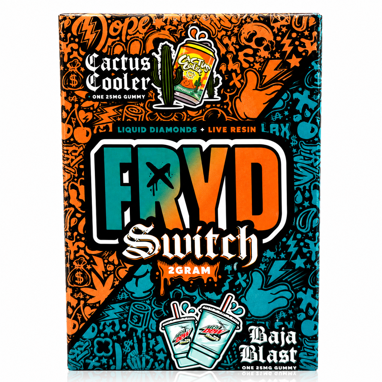 Fryd Switch 2G dual chamber disposable THC vape in colorful flavor packaging