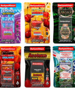 Backpack Boyz premium cannabis pre rolls in colorful branded packaging