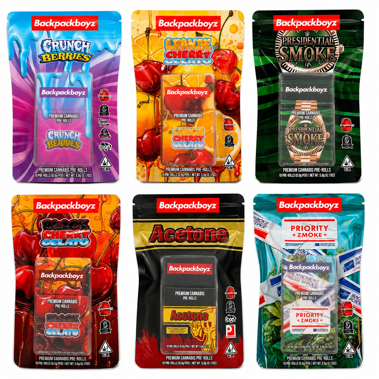 Backpack Boyz premium cannabis pre rolls in colorful branded packaging