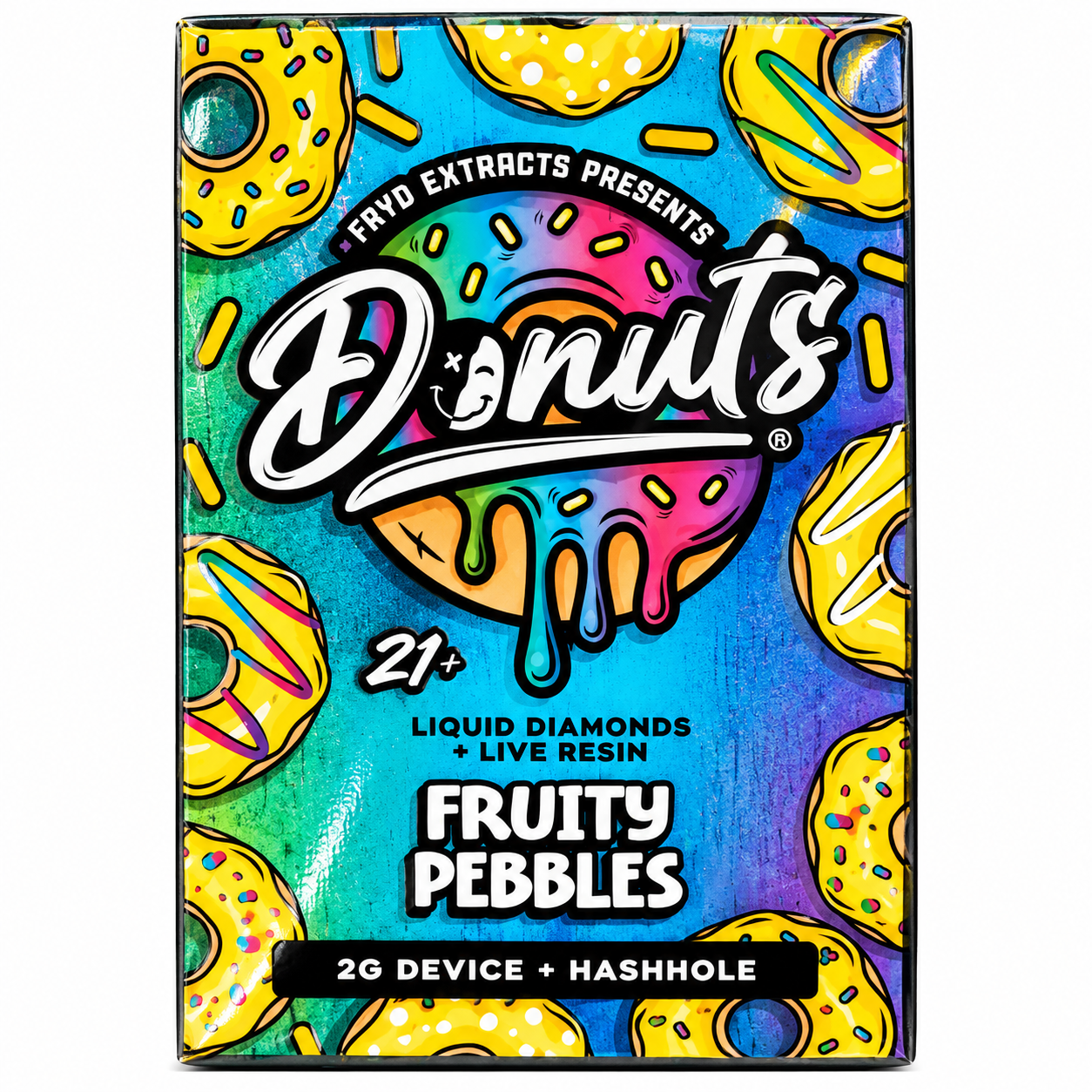 Fryd Donuts 2g Disposable box with colorful donut graphics