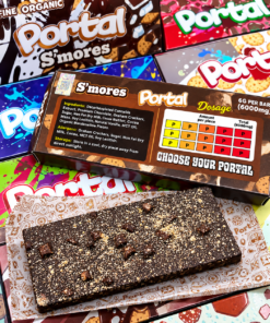 Portal Mushroom Chocolate Bars in assorted colorful packaging, including S’mores flavor.