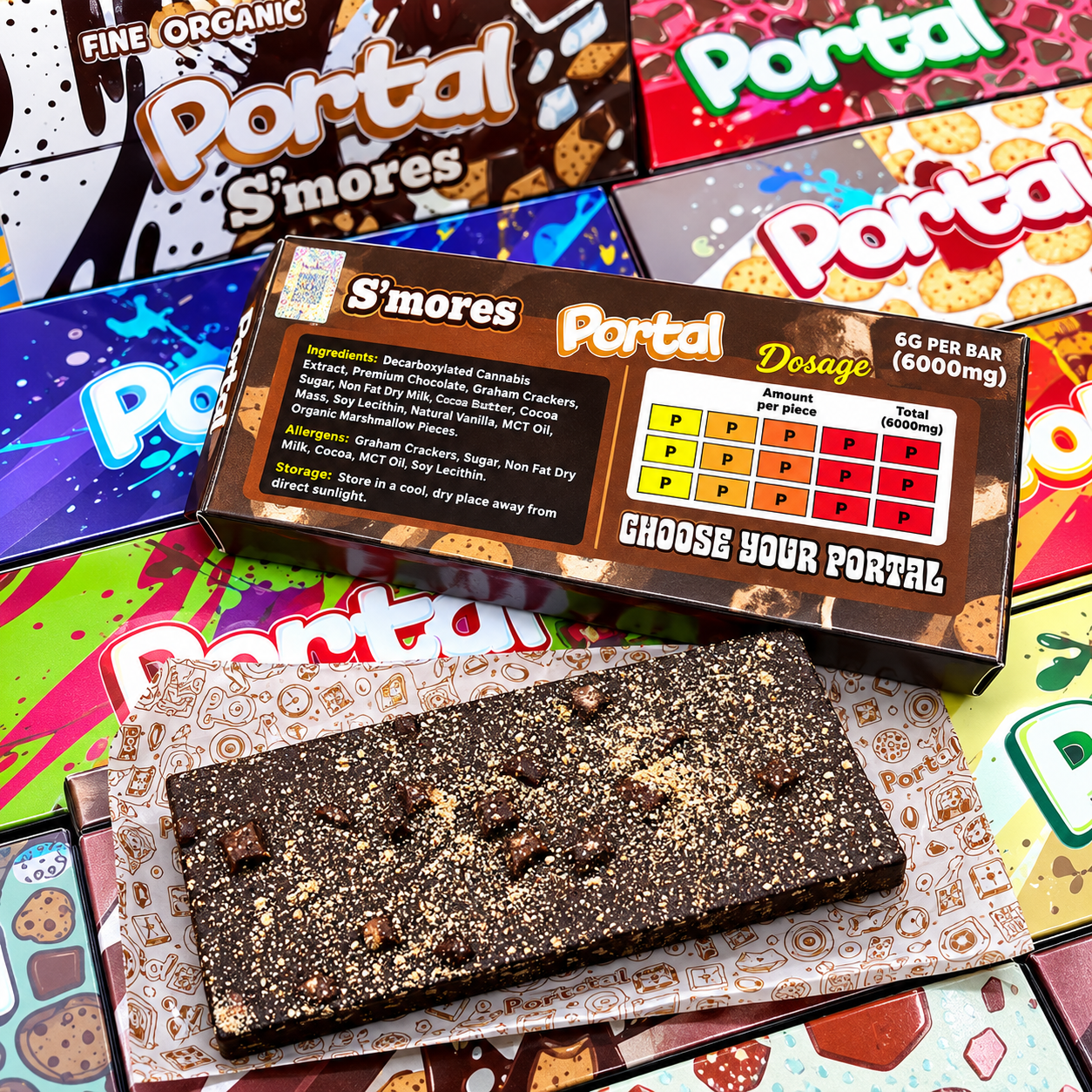 Portal Mushroom Chocolate Bars in assorted colorful packaging, including S’mores flavor.