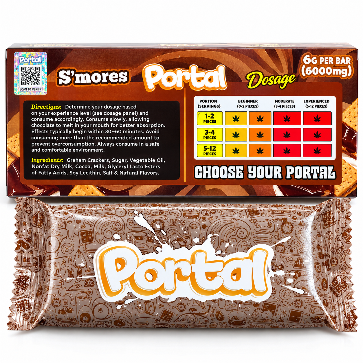 Portal Mushroom Chocolate Bars in assorted colorful packaging, including S’mores flavor.