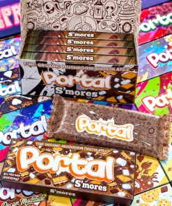Portal Mushroom Chocolate Bars in assorted colorful packaging, including S’mores flavor.