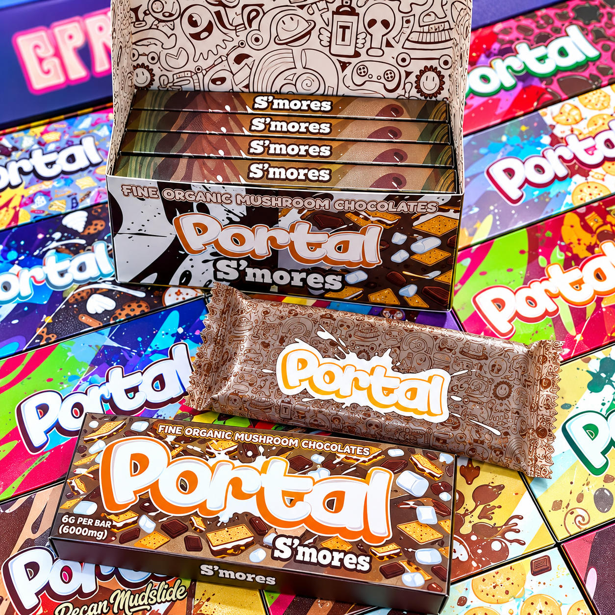 Portal Mushroom Chocolate Bars in assorted colorful packaging, including S’mores flavor.