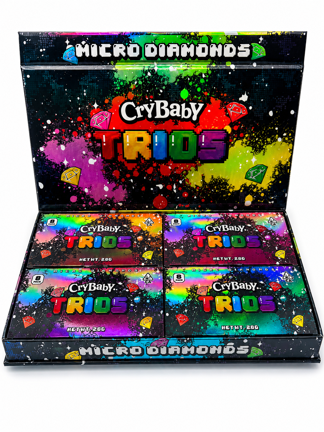 CryBaby Trios Micro Diamonds master box with 32-pack and 112g packaging