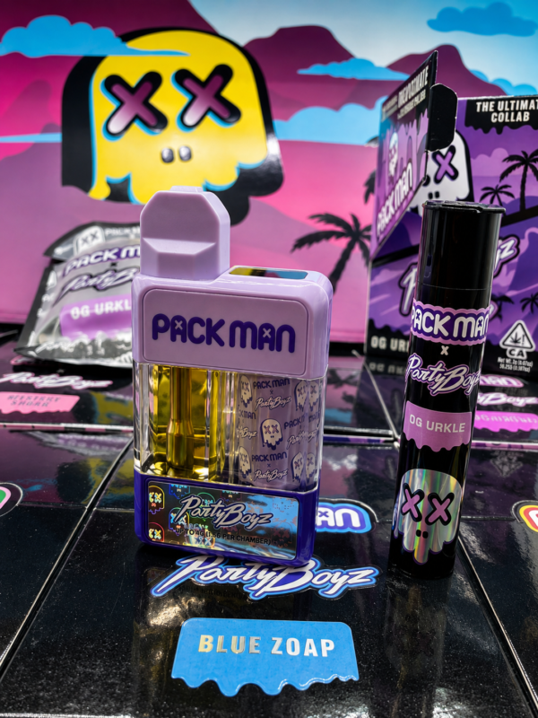 Packman 3G Disposable with Party Boyz pre-roll and Blue Zoap packaging