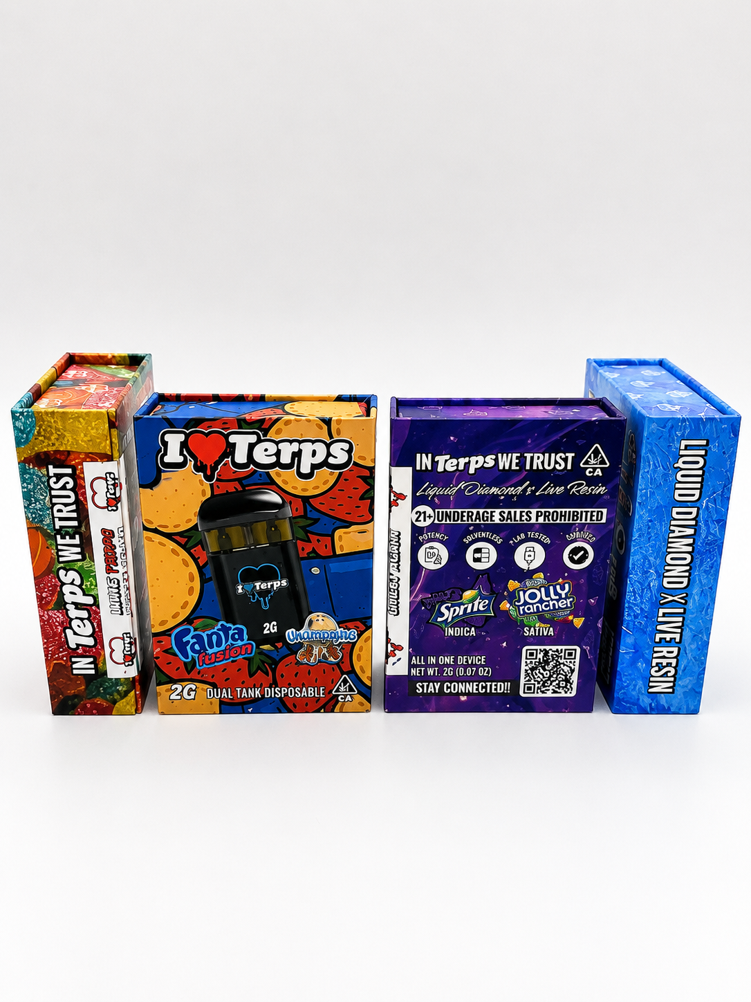 Terps 2G Disposable dual tank vape with Fanta Fusion and Undustables flavors”; “I Terps We Trust 2G dual tank disposable vape”; “Terps 2G Switch vape with visible dual oil chambers”; “Terps Liquid Diamonds and Live Resin 2G disposable packaging