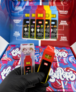 Lollipops Disposable 2G Dual Chamber Vape wholesale display box exterior showing blue and red lollipop artwork, Live Resin plus Diamonds label, Dual Flavors text, and California cannabis warning seal with NET WT 100 x 2GRAMS printed on bottom panel.