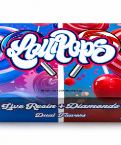Lollipops Disposable 2G Dual Chamber Vape wholesale display box exterior showing blue and red lollipop artwork, Live Resin plus Diamonds label, Dual Flavors text, and California cannabis warning seal with NET WT 100 x 2GRAMS printed on bottom panel.