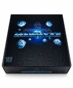 Arcadia MoonRocks collector case open showing 16 strain-specific jars in a 4x4 grid and inside-lid strain menu listing all Hybrid, Indica and Sativa options including MAC 10, Skywalker OG, Northern Lights, Sour Pebbles and Full Moon.