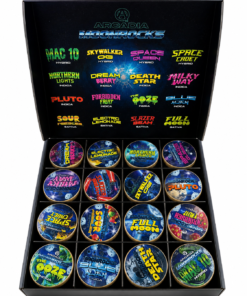 Arcadia MoonRocks collector case open showing 16 strain-specific jars in a 4x4 grid and inside-lid strain menu listing all Hybrid, Indica and Sativa options including MAC 10, Skywalker OG, Northern Lights, Sour Pebbles and Full Moon.