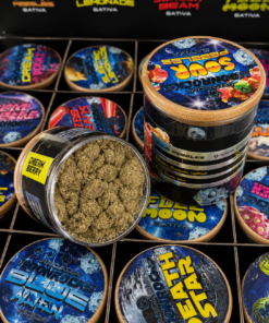 Arcadia MoonRocks collector case open showing 16 strain-specific jars in a 4x4 grid and inside-lid strain menu listing all Hybrid, Indica and Sativa options including MAC 10, Skywalker OG, Northern Lights, Sour Pebbles and Full Moon.