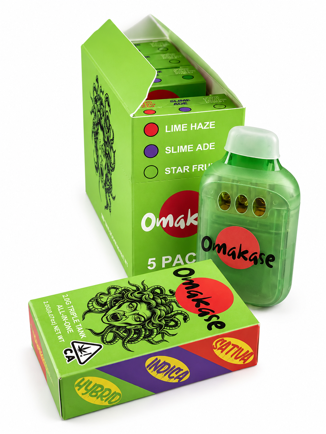 Omakase 2G Triple Tank All-in-One wholesale master case exterior in matte black showing Omakase logo with red circle, 50 PACKS text, 2.0G TRIPLE TANK ALL-IN-ONE product name, 2.0G net weight, and California cannabis compliance warning on the front panel.