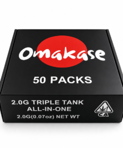Omakase 2G Triple Tank All-in-One wholesale master case exterior in matte black showing Omakase logo with red circle, 50 PACKS text, 2.0G TRIPLE TANK ALL-IN-ONE product name, 2.0G net weight, and California cannabis compliance warning on the front panel.