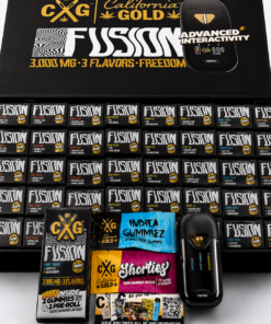 California Gold Fusion 3G 3-in-1 disposable vape retail box with black packaging, gold CXG branding, Fusion logo and 3,000 MG 3 Flavors Freedom text.