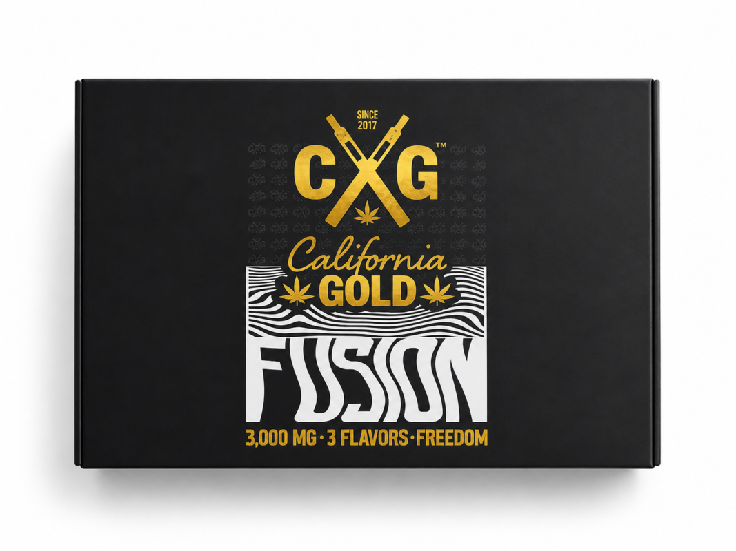 California Gold Fusion 3G 3-in-1 disposable vape retail box with black packaging, gold CXG branding, Fusion logo and 3,000 MG 3 Flavors Freedom text.
