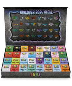 Gemz Sugar Diamonds Extracts wholesale display featuring premium sugar diamond concentrate jars with Indica, Hybrid, and Sativa strain selection.